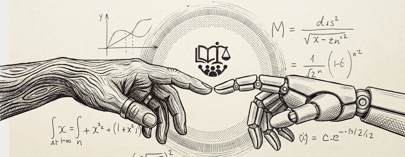 Illustration : une main humaine et une main mécanique se rejoignent au milieu de formules et de symboles du savoir